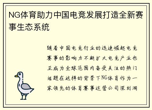 NG体育助力中国电竞发展打造全新赛事生态系统